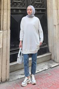 Lamelif İki iplikli Arma Detaylı Sweat Tunik Beyaz