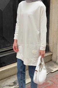 Lamelif İki iplikli Arma Detaylı Sweat Tunik Beyaz