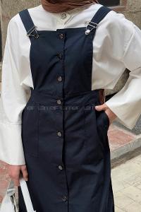 Lamelif Önü Boydan Düğmeli Salopet Lacivert