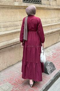 Modalamelif Yarım Düğme Detaylı Terikoton Elbise Bordo