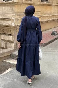 Modalamelif Yarım Düğme Detaylı Terikoton Elbise Lacivert