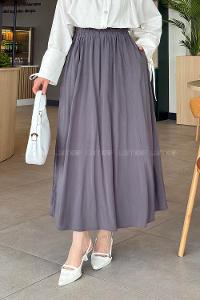 Lamelif Cep Detaylı Keten Etek Antrasit