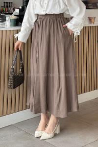 Lamelif Cep Detaylı Keten Etek Mocha Mousse