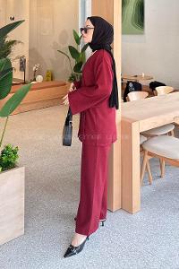 Lamelif Bağlama Detaylı Kimono Tesettür Takım Bordo
