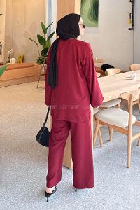 Lamelif Bağlama Detaylı Kimono Tesettür Takım Bordo