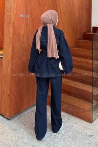 Lamelif Denim Kuşaklı Ceket-Pantolon İkili Takım Kot Mavisi