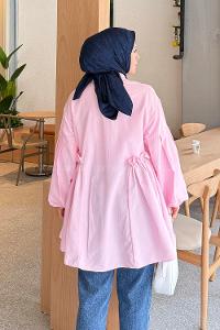 Candy Pink Shirt Collar Linen Tunic