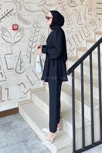 Lamelif Bağlamalı Ceketli Takım Siyah