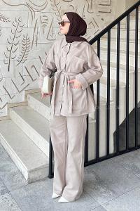 Lamelif Denim Kuşaklı Ceket-Pantolon İkili Takım Kum Beji