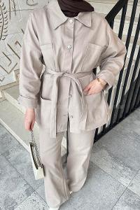 Lamelif Denim Kuşaklı Ceket-Pantolon İkili Takım Kum Beji