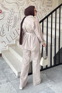 Lamelif Denim Kuşaklı Ceket-Pantolon İkili Takım Kum Beji