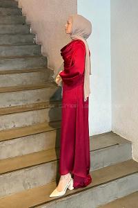 Lamelif Ön Drapeli Saten Tesettür Elbise Bordo