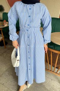 Lamelif Önü Patlı Çizgili Tesettür Elbise Mavi