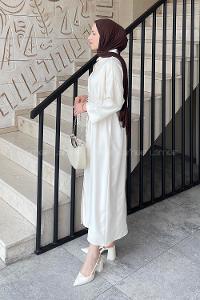 Lamelif Takma Manşet Detaylı Dabıl Tesettür Elbise Krem