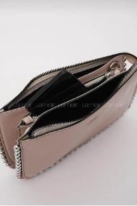 Lamelif Zımbalı Çapraz Askılı Zincirli Model Yumuşak Deri Fermuarlı Kadın Omuz Çantası Vizonrengi