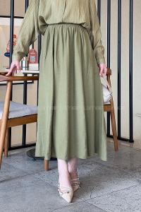 Lamelif Cep Detaylı Keten Etek Haki