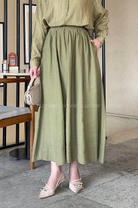 Lamelif Cep Detaylı Keten Etek Haki