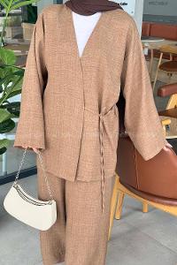 Lamelif Bağlama Detaylı Kimono Tesettür Takım Acı Kahve
