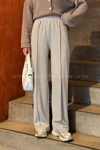 Gray Cotton Polyester Elastic Waist Comfortable Pants