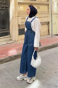 Dark Blue Pool Neck Denim Unprinted Overalls