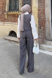 Lamelif Bağlama Detaylı Yelek-Pantolon İkili Takım Füme