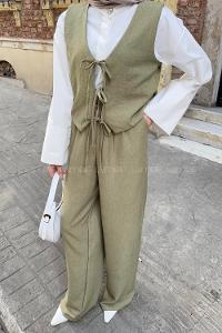 Lamelif Bağlama Detaylı Yelek-Pantolon İkili Takım Haki