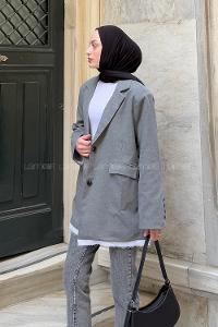 Lamelif Baskılı Kruvaze Blazer Ceket Antrasit