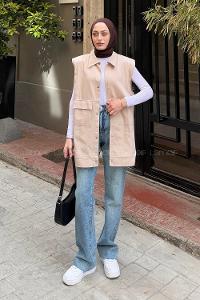 Lamelif Önü Çıtçıt Düğmeli Yelek Kum Beji