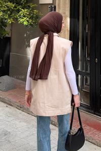 Lamelif Önü Çıtçıt Düğmeli Yelek Kum Beji