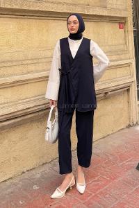 Navy Blue V Neck Sleeveless Arm Buttoned Cotton Polyester Regular Trousers Comfortable Suit