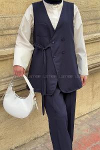 Navy Blue V Neck Sleeveless Arm Buttoned Cotton Polyester Regular Trousers Comfortable Suit