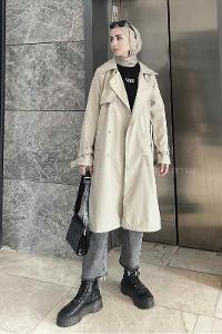 Lamelif Klasik Kuşaklı Trençkot Krem