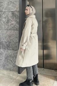 Lamelif Klasik Kuşaklı Trençkot Krem
