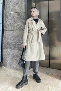 Lamelif Klasik Kuşaklı Trençkot Krem