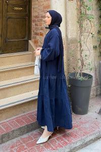 Lamelif Ön Yarım Düğme Detaylı Müslin Kumaş Tesettür Elbise Lacivert