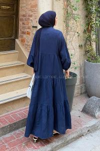 Lamelif Ön Yarım Düğme Detaylı Müslin Kumaş Tesettür Elbise Lacivert