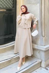 Lamelif Üç Bağcıklı Etekli Tesettür Takım Bej