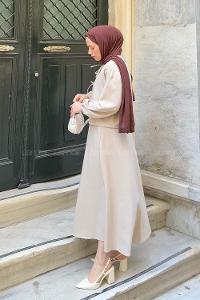 Lamelif Üç Bağcıklı Etekli Tesettür Takım Bej