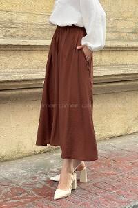 Lamelif Cep Detaylı Tensel Kloş Etek Kahverengi