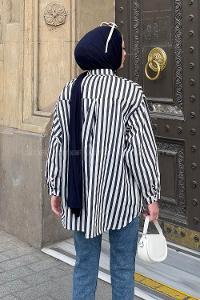 Lamelif Reina Çizgili Tesettür Gömlek Lacivert