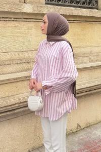 Lamelif Reina Çizgili Tesettür Gömlek Lila