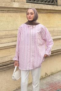 Lamelif Reina Çizgili Tesettür Gömlek Lila