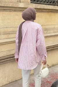Lamelif Reina Çizgili Tesettür Gömlek Lila