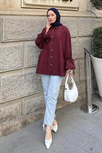 Lamelif Kol Tünel İp Detaylı Gömlek Bordo