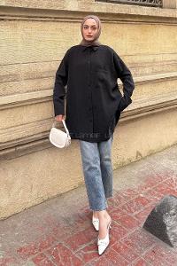 Lamelif Kraş Tesettür Tunik Siyah