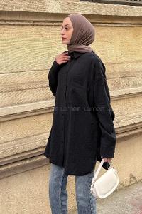 Lamelif Kraş Tesettür Tunik Siyah