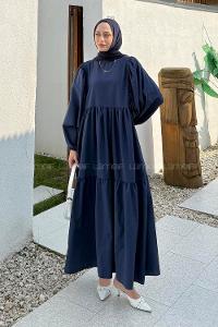 Navy Blue Crew Neck Cotton Printed Dresess