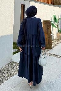 Navy Blue Crew Neck Cotton Printed Dresess