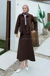 Lamelif Cep Detaylı İkili Etek  Tesettür Takım Acı Kahve