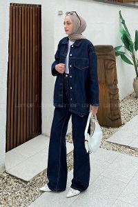 Dark Blue Shirt Collar Long Arm Denim Regular Trousers Comfortable Suit